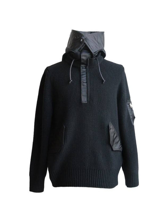 wool knit mix hooded top black - SACAI - BALAAN 1