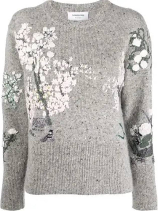 Women's Donegal Mohair Tweed Embroidered Knit Top Grey - THOM BROWNE - BALAAN 2