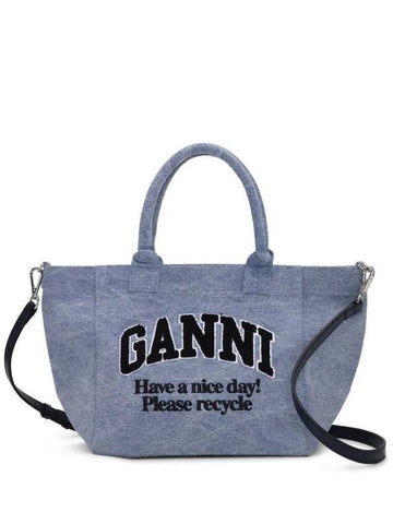 Embroidered Logo Small Tote Bag Blue - GANNI - BALAAN 1