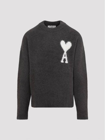 Intarsia Logo Crewneck Knit Top Dark Grey - AMI - BALAAN 1