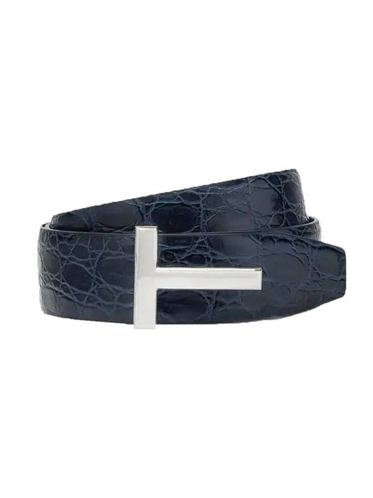 T Logo Crocodile Leather Belt Dark Navy - TOM FORD - BALAAN 1