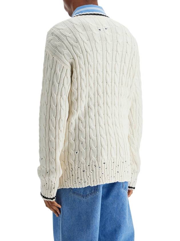 white cotton sweater with cable knit v-neck - MARNI - BALAAN 3