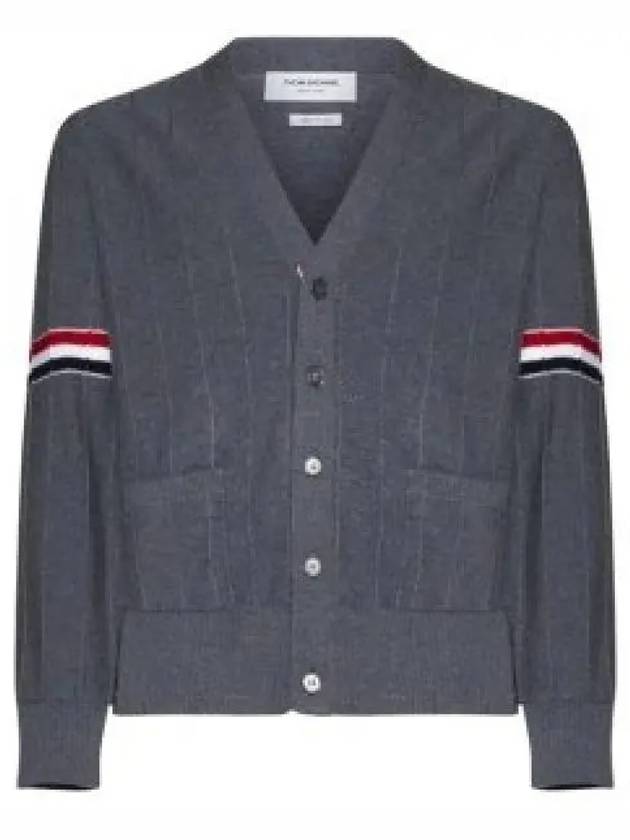 RWB V-neck Striped Virgin Wool Cardigan Grey - THOM BROWNE - BALAAN 2