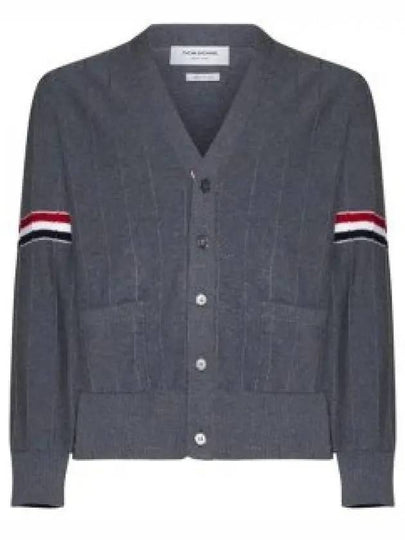 RWB V-neck Striped Virgin Wool Cardigan Grey - THOM BROWNE - BALAAN 2