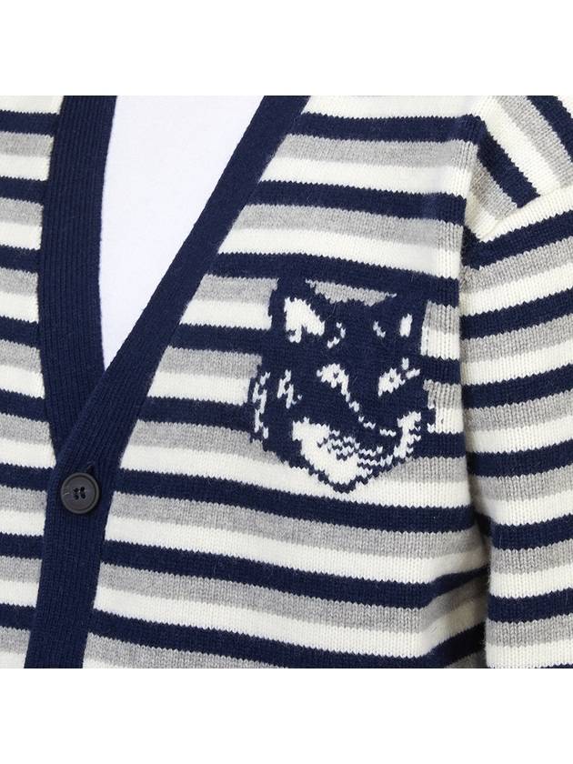 Fox Head Intarsia Striped Comfort Cardigan Navy White - MAISON KITSUNE - BALAAN 7