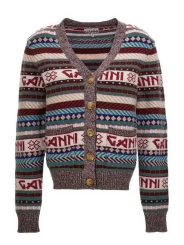 Logo Stripe Wool Blend Knit Cardigan - GANNI - BALAAN 2