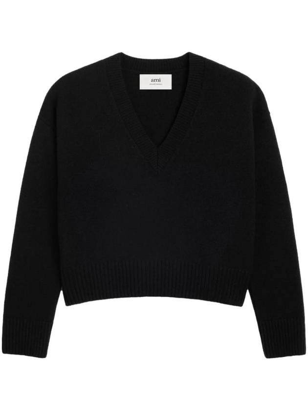 Crop Wool Cashmere Blend Knit Top Black - AMI - BALAAN 1