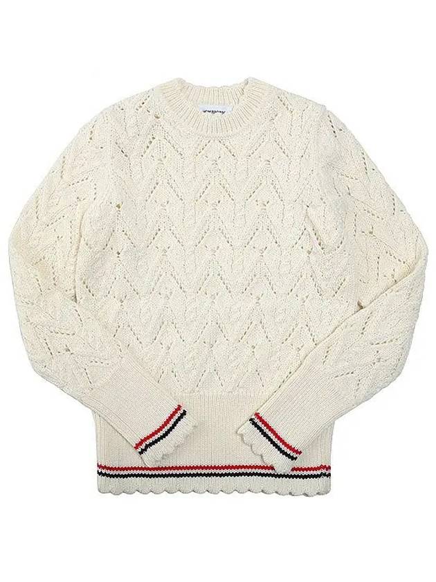 Women's Pointel Cable Merino Wool Pullover Knit Top White - THOM BROWNE - BALAAN 3