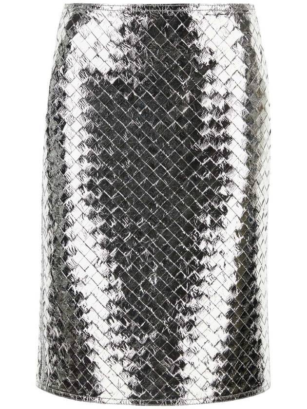 Women's Interciato Laminated Leather Midi H-Line Skirt Silver - BOTTEGA VENETA - BALAAN 1