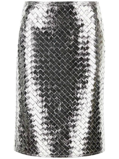 Women's Interciato Laminated Leather Midi H-Line Skirt Silver - BOTTEGA VENETA - BALAAN 1