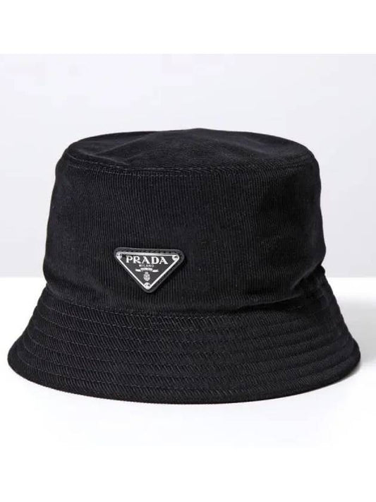 Triangle Logo Corduroy Bucket Hat Black - PRADA - BALAAN 2