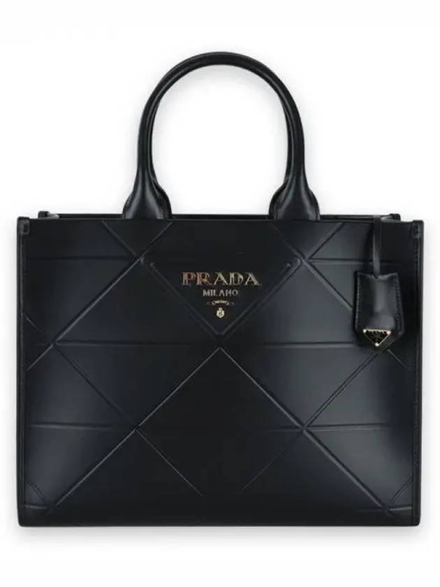 Women s Stitched Leather Medium Symbol Tote Bag Black 1BA378 ASK F0002 1054239 - PRADA - BALAAN 1