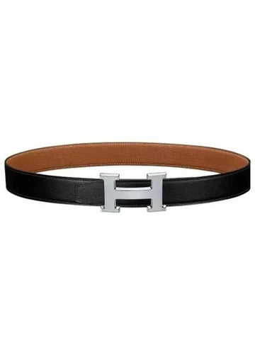 H Buckle 32MM Reversible Leather Belt Gris Moyen Noir Gold - HERMES - BALAAN 1