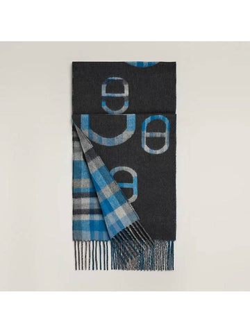 Tartan Maillons Reversible Cashmere Muffler Anthracite Bleu - HERMES - BALAAN 1