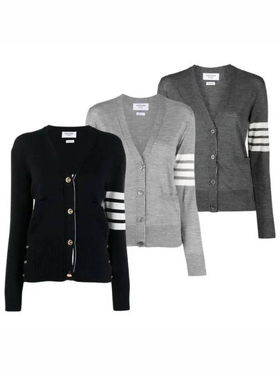 Sustainable Fine Merino Wool 4-Bar Relaxed Fit V-Neck Cardigan Navy - THOM BROWNE - BALAAN 2