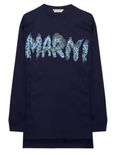 Logo Print Cotton Long Sleeve T-Shirt Navy - MARNI - BALAAN 2