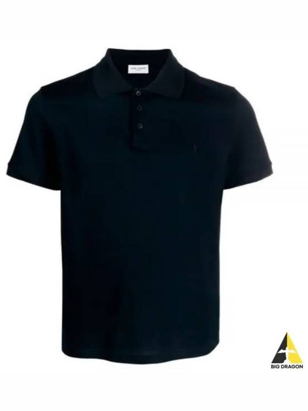 Men's Monogram Cotton Short Sleeve Polo Shirt Navy - SAINT LAURENT - BALAAN 2