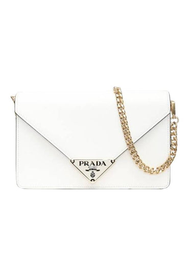 Triangle Logo Saffiano Leather Chain Flap Cross Bag White - PRADA - BALAAN 1