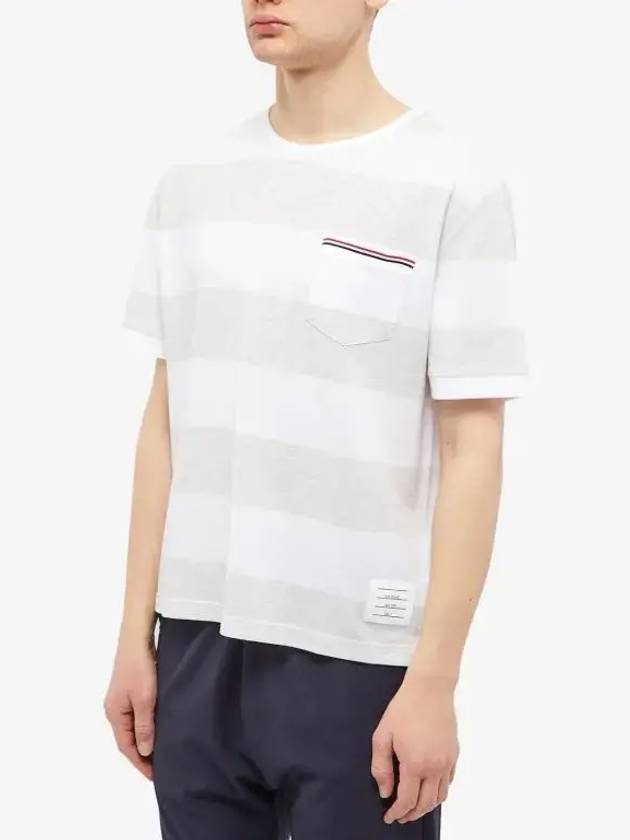 Men's Rugby Striped Pick Pocket Short Sleeve T-Shirt Pale Grey White - THOM BROWNE - BALAAN 5