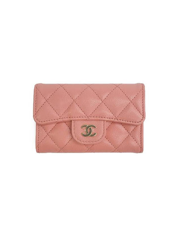 Classic Gold Logo Grained Shiny Calfskin Card Wallet Coral Pink - CHANEL - BALAAN 1