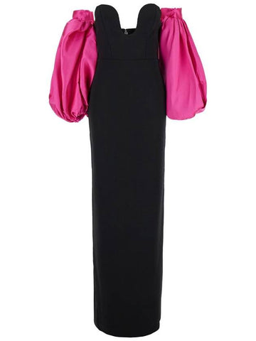 'Karina' Black And Fuchsia Maxi Dress With Removable Puff Sleeves In Tech Fabric Stretch Woman - SOLACE LONDON - BALAAN 1