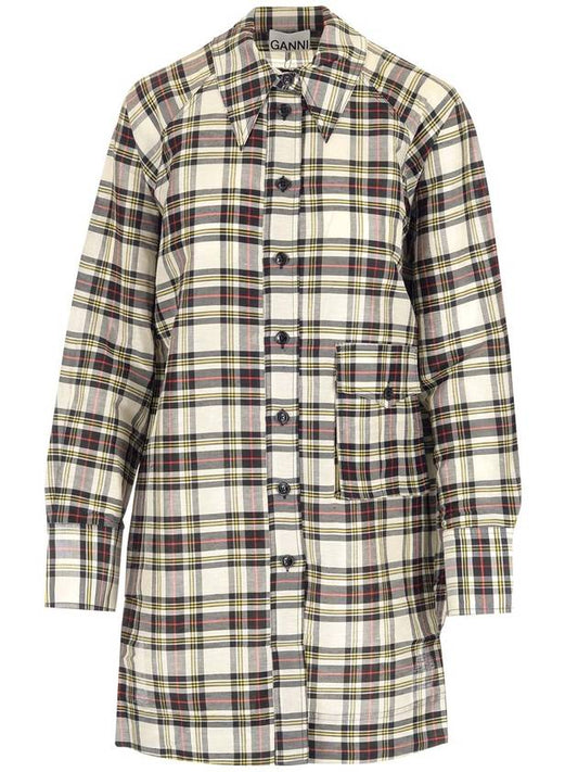 Checked Oversized Linen Silk Shirt - GANNI - BALAAN 1