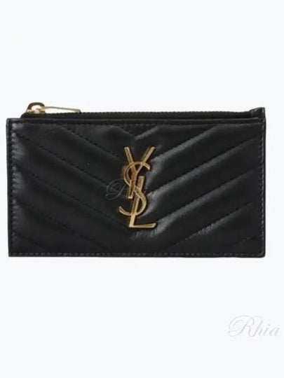 Monogram Logo Plaque Zip-Up Card Wallet Black - SAINT LAURENT - BALAAN 2