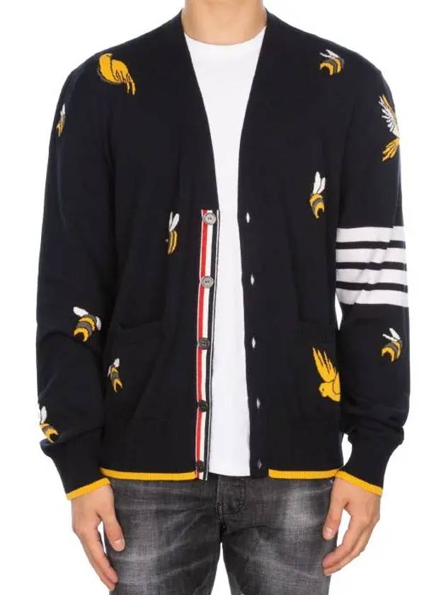 Men's Merino Bird Bee 4 Bar V-Neck Merino Cotton Cardigan Navy - THOM BROWNE - BALAAN 3