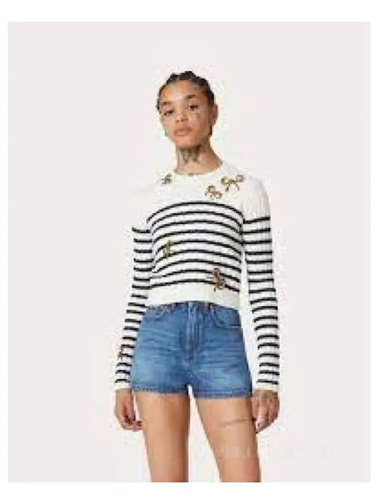 Women's Sequin Ribbon Embroidered Crop Knit Top White Navy - VALENTINO - BALAAN 2