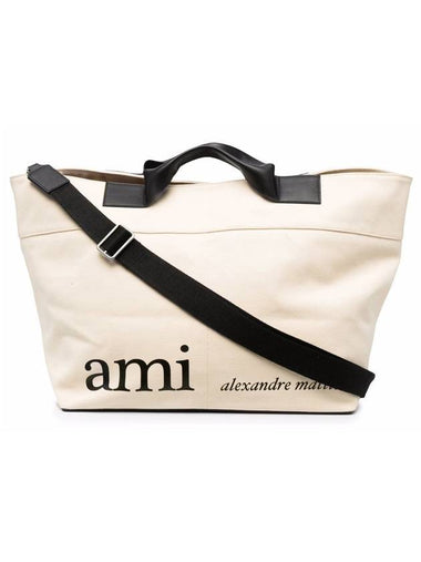 Logo Canvas Tote Bag White - AMI - BALAAN 1