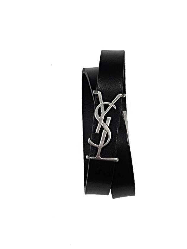 Silver Logo Leather Bracelet Black - SAINT LAURENT - BALAAN 2