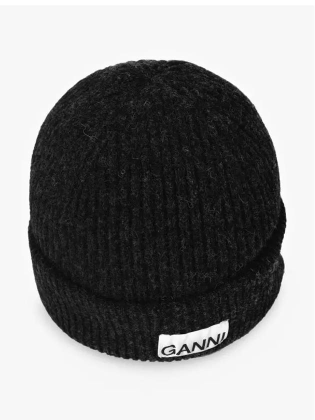 Logo Label Rib Knit Wool Beanie Dark Grey - GANNI - BALAAN 4