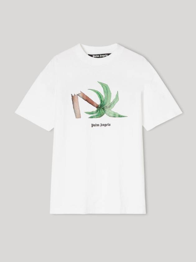 Broken Palm Print Cotton Short Sleeve T-Shirt White - PALM ANGELS - BALAAN 1