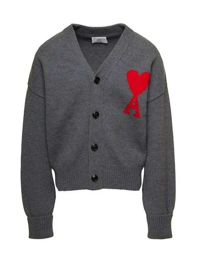 Big Heart Logo Wool Cardigan Grey - AMI - BALAAN 3