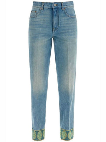 medium blue jeans with green embroidery, straight leg, high waist - VALENTINO - BALAAN 1