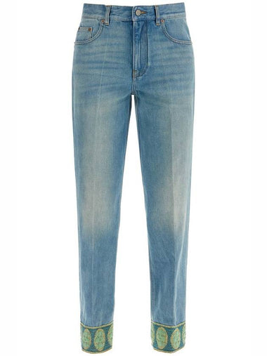 medium blue jeans with green embroidery, straight leg, high waist - VALENTINO - BALAAN 1