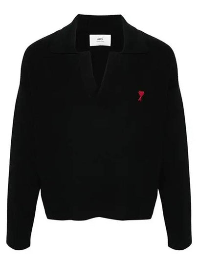 Small Heart Long Sleeve Polo Shirt Black - AMI - BALAAN 2