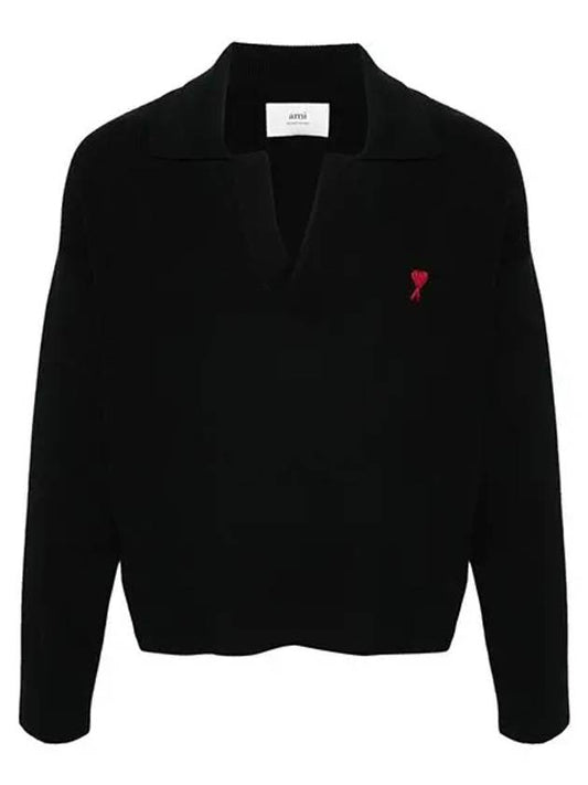 Small Heart Long Sleeve Polo Shirt Black - AMI - BALAAN 2