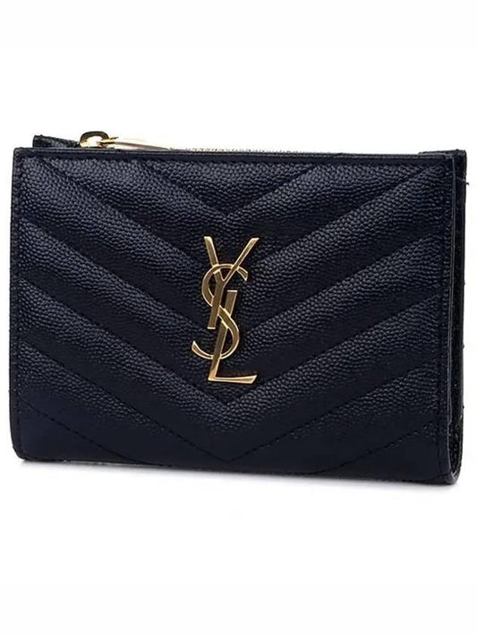 Grain Leather Quilted Stitch Card Wallet Black - SAINT LAURENT - BALAAN 2