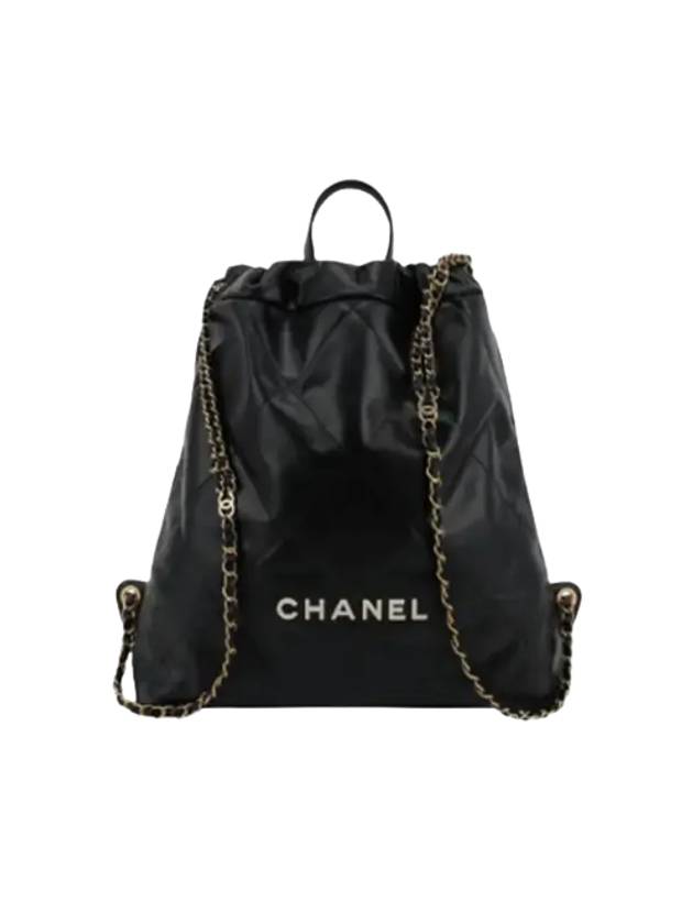 22 Shiny Calfskin Quilted Chain Backpack Black White Metal - CHANEL - BALAAN.