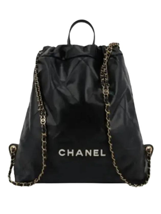 22 Shiny Calfskin Quilted Chain Backpack Black White Metal - CHANEL - BALAAN.