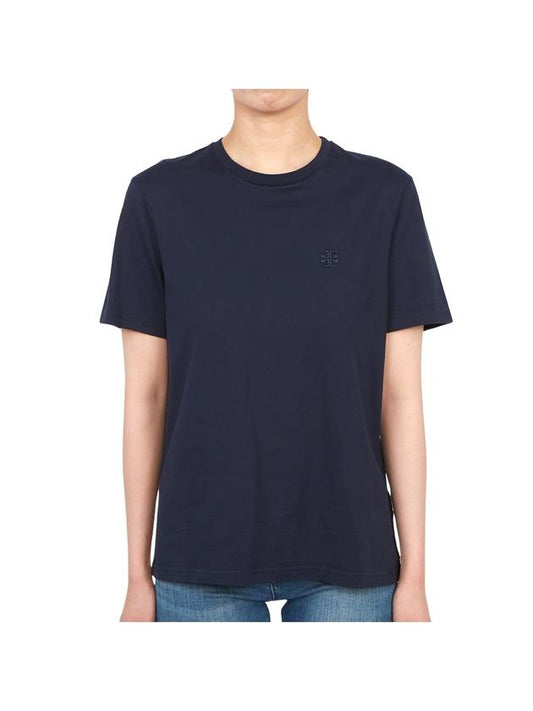 Embroidered Logo Cotton Short Sleeve T-Shirt Navy - TORY BURCH - BALAAN 1