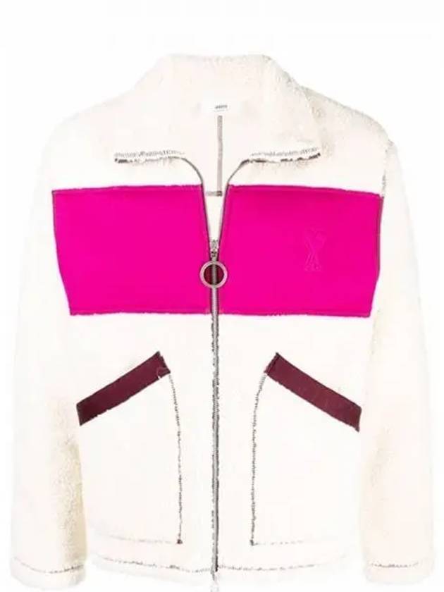 Heart Logo Fleece Fur Zip-Up Jacket Off-White Fuchsia - AMI - BALAAN 2