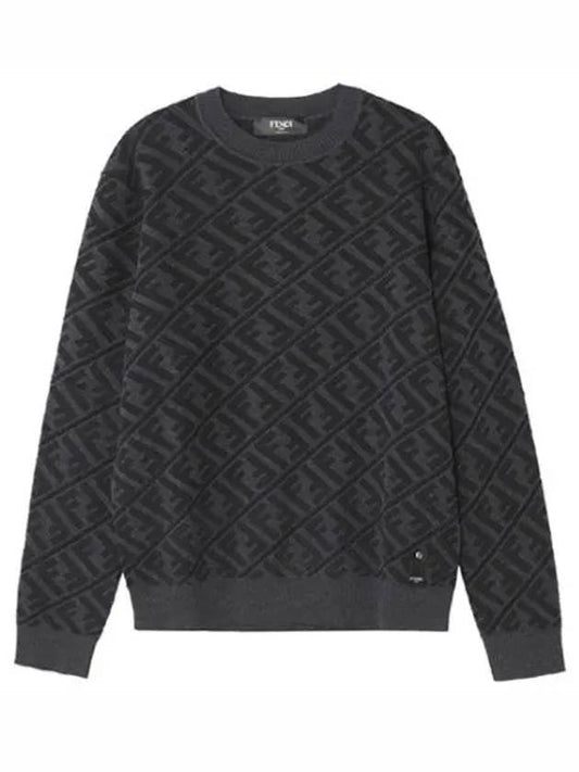 Men's Regular Fit Crew Neck Wool Knit Top Black Gray - FENDI - BALAAN.