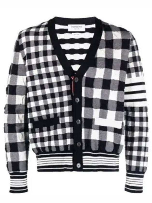 4-Bar Stripe Funmix Gingham Jacquard Cardigan Navy - THOM BROWNE - BALAAN 2