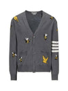 Men's Merino Bird Bee 4 Bar V-Neck Merino Cotton Cardigan Medium Grey - THOM BROWNE - BALAAN 2