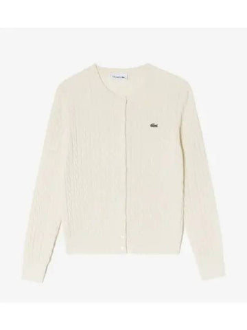 Women s Cable Crew Neck Cardigan Cream - LACOSTE - BALAAN 1