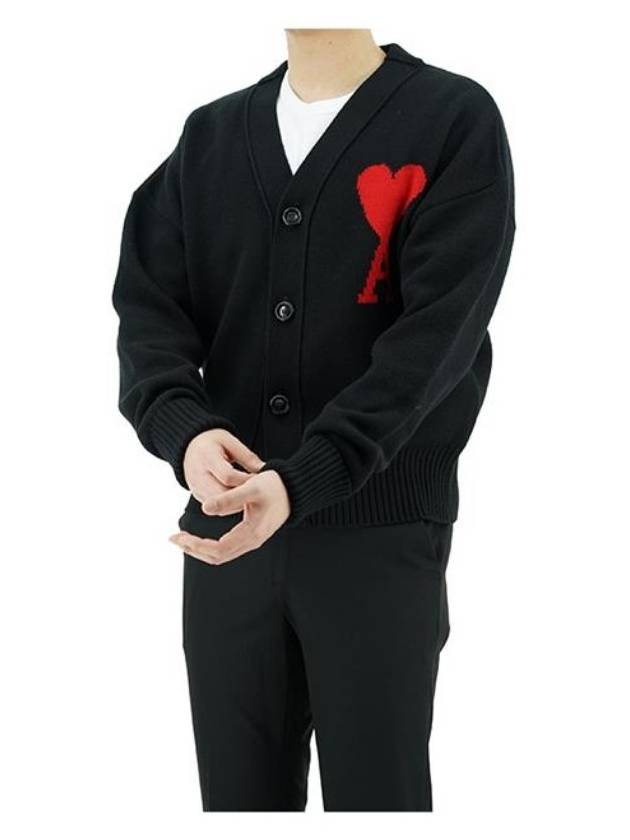 Intarsia Big Heart Logo Oversized Virgin Wool Cardigan Black - AMI - BALAAN 6