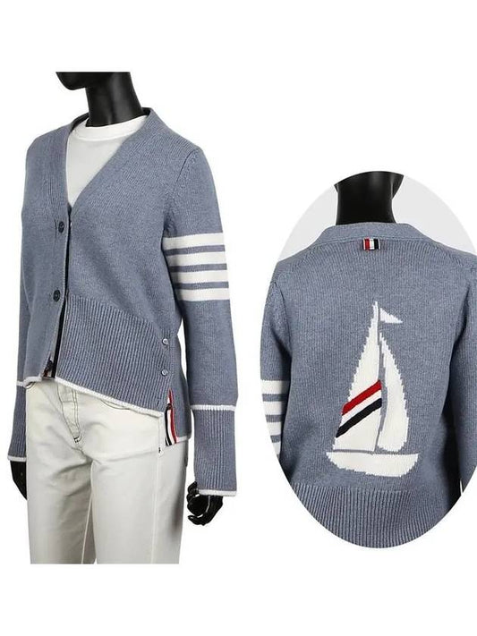 Women's Fine Merino Jersey Sailboat 4 Bar Boxy V Neck Cardigan Dark Blue - THOM BROWNE - BALAAN 2