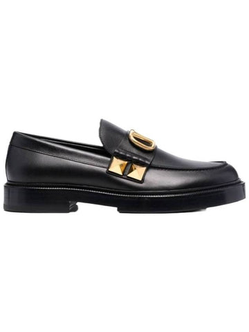 Men's V Logo Studded Sign Calfskin Loafers Black - VALENTINO - BALAAN 1